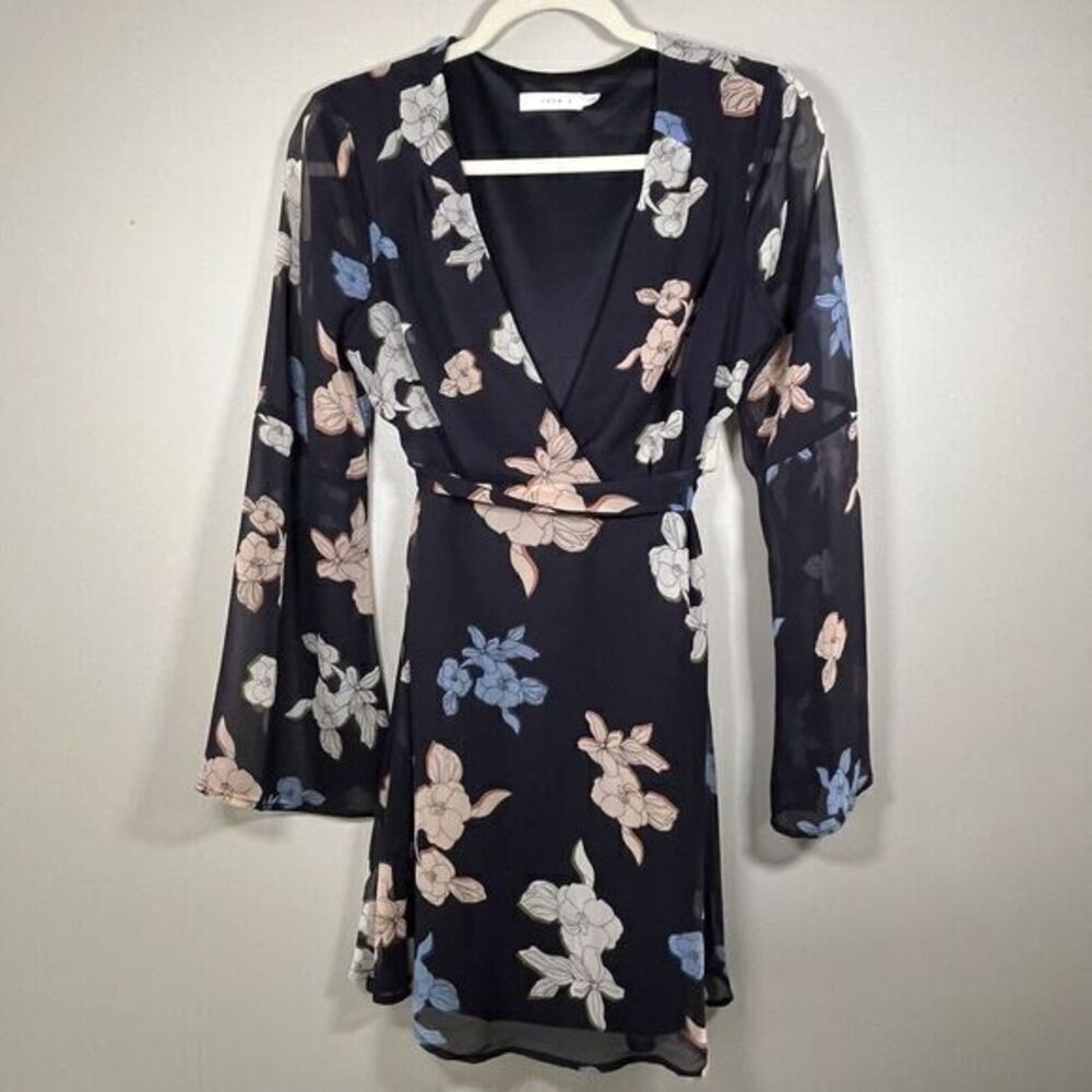Lush Elly Wrap Long Sleeve Floral Dress  Sheer Blue Small  Pink‎ White Flowers